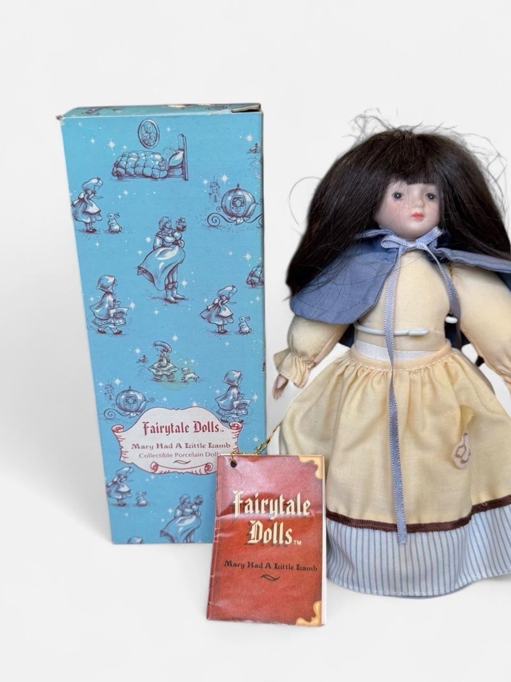 Vintage Mary Had a Little Lamb Porcelain Doll with box & stand 7.5” Russ Berrie
